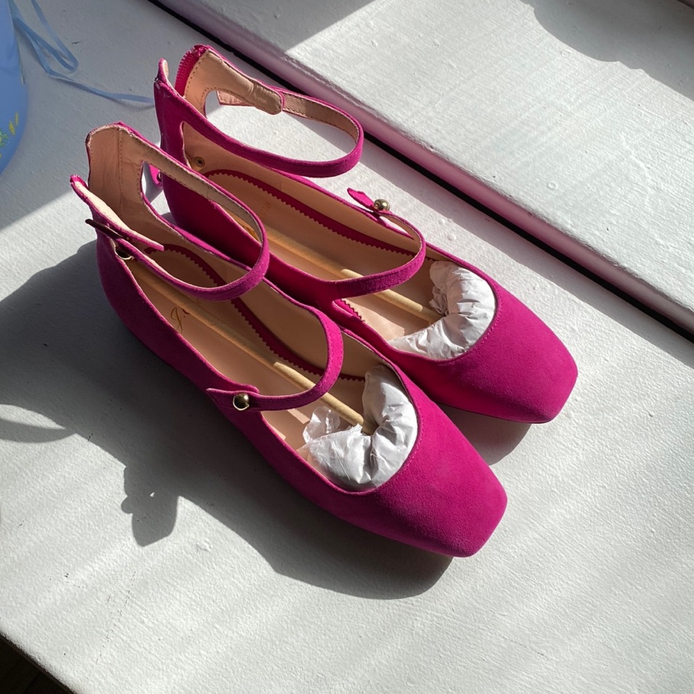 Hot pink J.Crew Sally Ballet with Straps in Suede